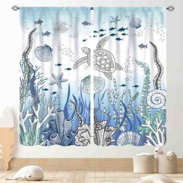 Imagem de Cortinas costeiras para sala de estar, tartarugas marinhas verdes náuticas tema de praia tropical vintage oceano coral recife verão blackout cortinas de janela para quarto cozinha banheiro 2 painéis