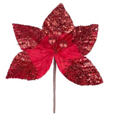 Imagem de Enfeite de Natal Flor Bico Fina Glitter 20cm Vermelha Cazza