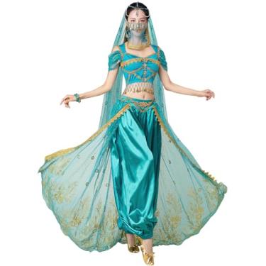 Imagem de yrsZX Fantasia feminina de jasmim, fantasia de fada de princesa árabe, cosplay de Halloween, fantasia de dança do ventre, 04 Azul e verde, P