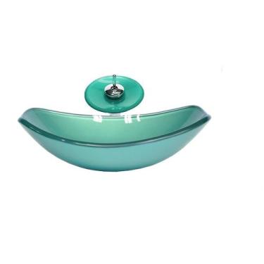 Imagem de Cuba de vidro oval chanfrada 46cm verde + valvula + torneira cascata -