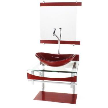 Imagem de Gabinete de vidro 40cm para banheiro curvado duplo pc cuba oval vermel
