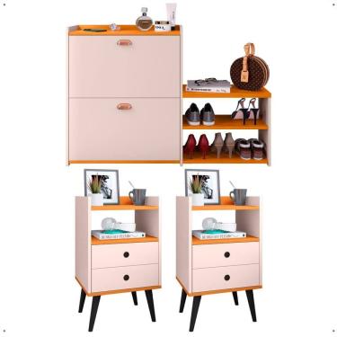 Imagem de Kit Quarto 2 Mesas Cabeceira Nicho Gavetas Organizadora Retrô Sapateira Vertical Banco Lateral 21 Pares Calçados - Lojas RPM
