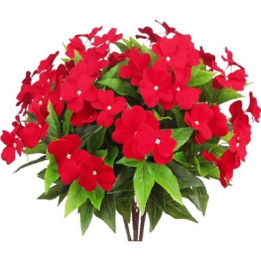 Imagem de XIYUAN 3 peças de flores artificiais resistentes a UV ao ar livre, flores sintéticas de seda branca para pendurar cestos, vasos, pátio, gramado, jardim e decoração de varanda (vermelho)