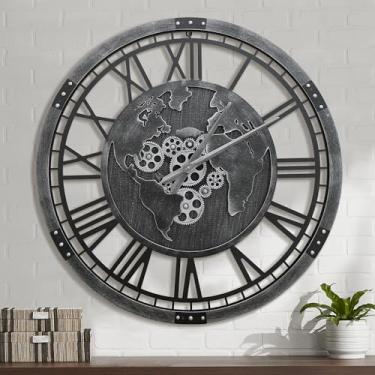 Imagem de Micasso Relógio de engrenagens móveis reais de 76 cm, relógio de parede preto grande com mapa do mundo, moldura de madeira vintage, sem tique-taque, relógio mecânico silencioso operado por bateria