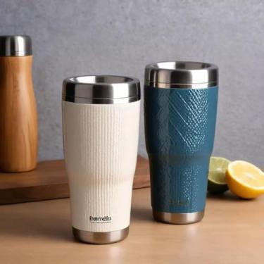 Imagem de Copo Térmico Parede Dupla em Aço Inox Bege 350ml com Tampa Hermética - Estilo Texturizado