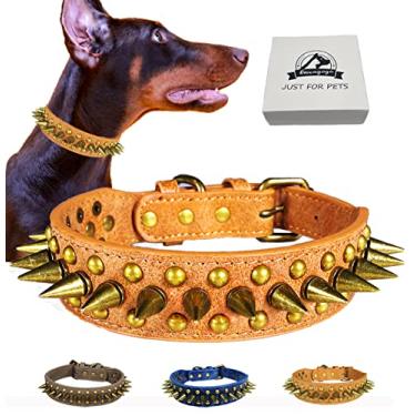 Imagem de Kawagogo Coleira de cachorro cravejada com espinhos couro PU antimordida para cães pequenos, médios e grandes, Pit Bull Mastim Bully Coleira boxer ... (espinhos castanhos afiados, GG)