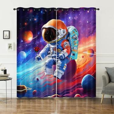Imagem de AILONEN Cortina de janela astronauta 106,7 cm L x 213,4 cm A, galáxia espaço sideral decoração de quarto/sala de estar para crianças, planetas sonhadores rosa impresso astronauta cortinas de janela