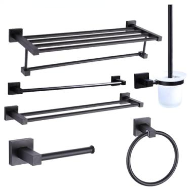 Imagem de Toalheiro duplo preto fosco - Cabide de banheiro de alumínio de 55 cm com suporte para escova de vaso sanitário | Conjunto de 2 peças, conjunto de 6 peças