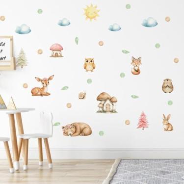 Imagem de Adesivo de Parede Infantil Animais do Bosque Encantado Estilo Aquarela Lavável Seguro Ideal Quarto Bebê Menina Menino