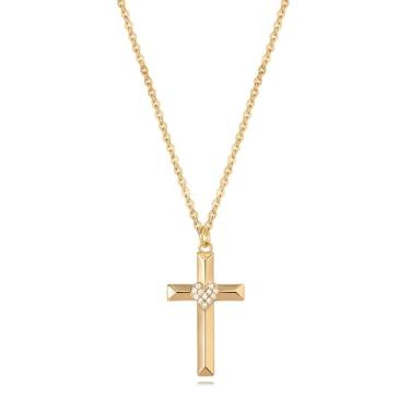 Imagem de Valloey Rover Colar de cruz para mulheres, delicado banhado a ouro 14 K, diamante zircônia cúbica, crucifixo, fé, pingente de fé, moderno, clipe de papel, corrente de ouro fino, joias religiosas