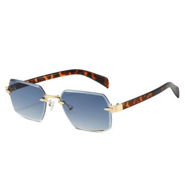 Imagem de Óculos de sol da moda masculinos retrô luxo sem aro óculos de sol tons de corte lente senhoras sem armação óculos de grau, leopardo azul, tamanho único