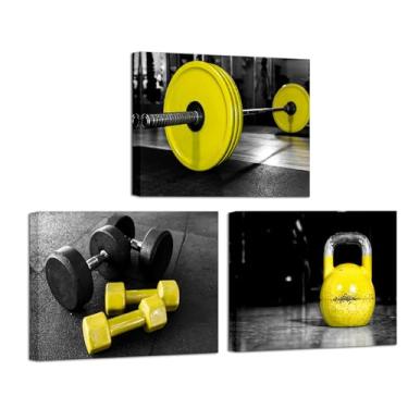 Imagem de Canvbay Arte de parede em tela de academia fitness preto e branco amarelo halteres halteres halteres Kettlebell pintura halterofilismo treinamento impressão pôster para decoração de casa sala de