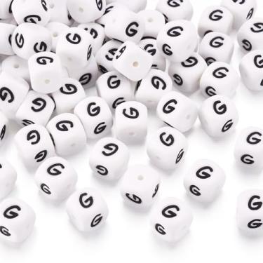 Imagem de Crafans 100 peças de contas de silicone de 12 mm brancas do alfabeto inglês letra G vogal espaçadora solta contas de dados de cubo inicial para fabricação de joias