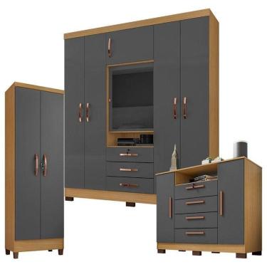 Imagem de Guarda Roupa Casal Imperial Com Cômoda Madri E Armário Multiuso Egito Carvalho Americano Grafite – Incorplac