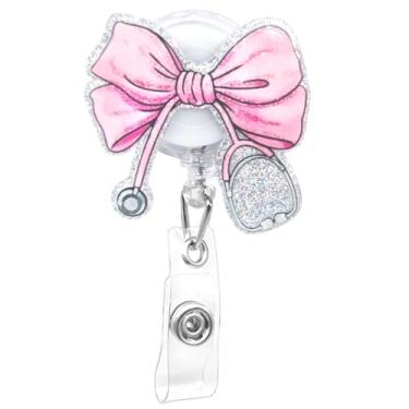 Imagem de Carretel de crachá de laço, clipe retrátil, carretéis de crachá de laço rosa, clipe decorativo feminino de identificação de enfermagem para assistentes médicas, hospitais, mulheres