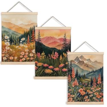 Imagem de Boho Maximalist Wildflower Mountain Forest Poster Wall Art Framed, Eclético Funky Retro Colorido Floral Natureza Paisagem Impressão em Tela Decoração de Parede para Casa Quarto Sala de Estar, 30,5 x