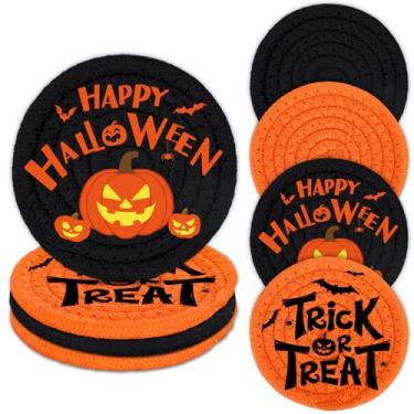 Imagem de Whaline Porta-copos de algodão Happy Halloween preto laranja abóbora rosto feito à mão porta-copos de bebida tapetes absorventes para festa de doces ou travessuras, decoração de mesa de casa, conjunto