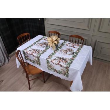 Imagem de Kit Toalha De Mesa Retangular Jacquard 3,00x1,50 (8 Lugares) + 2 Caminhos de Mesa (Decoração Natalina, Decorativa Para Natal) (BONC DE NEVE DOURADO)