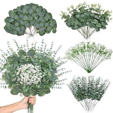 Imagem de KHOYIME Hastes artificiais de eucalipto, 120 peças, com 4 tipos de flores artificiais mistas para bebês, folhas verdes falsas, plantas, buquês florais faça-você-mesmo, arranjo para mesa de festa de