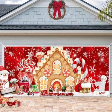 Imagem de Ticuenicoa Decoração de banners de porta de casa de gengibre de Natal Natal Feliz Natal neve pirulito vermelho candyland capa de porta de garagem para interior ao ar livre casa parede feriado