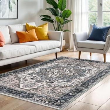 Imagem de KOZYFLY Tapete lavável de 1,2 x 1,8 m para entrada, antiderrapante, lã sintética, para cozinha, quarto, corredor, sala de estar, decoração de piso interno, preto/cinza-acinzentado/bege