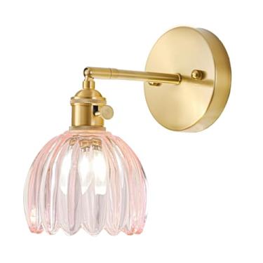 Imagem de LINSEEDS Arandela de parede com fio, arandela de parede vintage com interruptor, luminária de parede dourada com abajur de vidro rosa tulipa, luz de parede interna para quarto, banheiro, lâmpada de