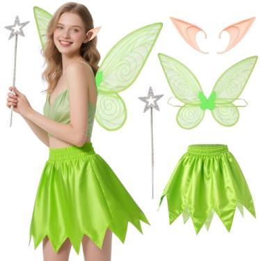 Imagem de HTPARY Green Fairy Women's Costume Set with Skirt Fairy Wings Ears Star Magic Wand for Halloween Dress Up Adlt