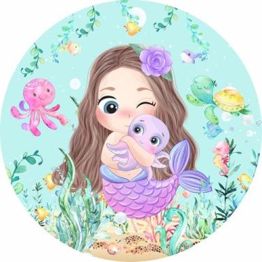 Imagem de Painel de Tecido Sublimado Redondo Fundo do Mar Sereia Amizade Aquátic