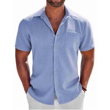 Imagem de Camisa COOFANDY Wedding para homens com botões e manga curta azul