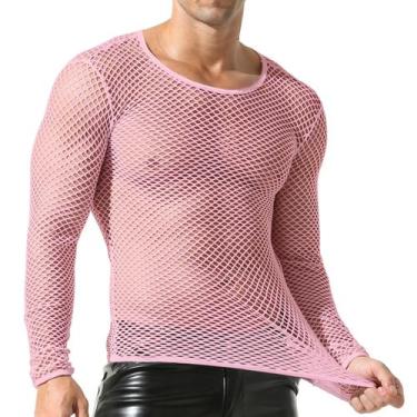 Imagem de Camisa Fishnet masculina QiAti de malha transparente de manga comprida