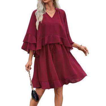 Imagem de Vestido feminino ECOWISH, 3/4, manga de sino, 2025, verão, decote em V