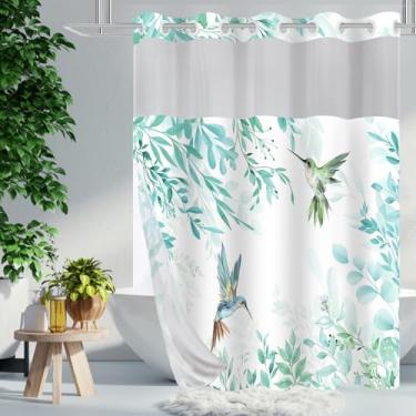 Imagem de CTOTSYC Cortina de chuveiro sem gancho com conjuntos de forro de encaixe, design de beija-flor azul-petróleo e folha de eucalipto, cortina de tecido lavável à prova d'água com janela superior de malha