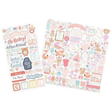 Imagem de Adesivos de scrapbook para bebês meninas - folhas adesivas de aglomerado com frases fofas de bebê, adesivo rosa de menina recém-nascida para álbuns, álbuns de fotos e livros de memória - Total de 2