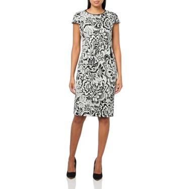 Imagem de Vince Camuto Vestido feminino jacquard com acabamento em couro e gola redonda, Marfim, preto, 42