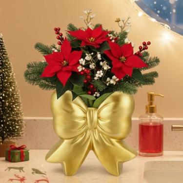 Imagem de Jingmore Coquette Suporte de caneta de vaso de cerâmica com laço para maquiagem, design contemporâneo, presentes femininos decorativos para casa, escritório, prateleira, mesa, sala de estar (dourado