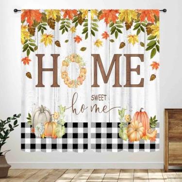 Imagem de Cortinas de cozinha de outono, casa de fazenda rústica, Dia de Ação de Graças, colheita, laranja, folhas de abóbora, tratamentos de janela para sala de estar, quarto, café, cortinas 2 painéis, 106 x