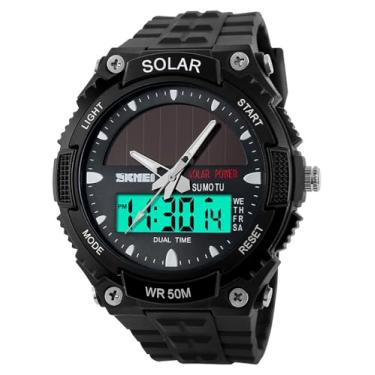 Imagem de Relógio masculino com energia solar, digital, multifuncional, LED, indicação luminosa, 2 fusos horários, 50 m, à prova d'água, relógio Reloj Solar para Hombre, Preto, Relógio de pulso masculino casual