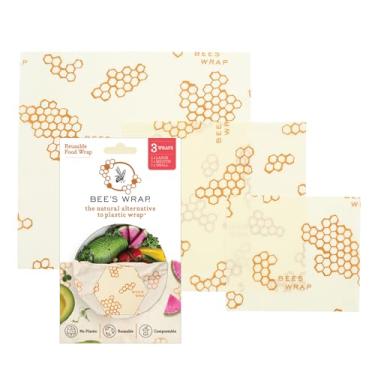 Imagem de Bee's Wrap Envoltórios de cera de abelha para alimentos - Pacote com 3 favos de mel (P, M, G) Feito nos EUA Envoltórios reutilizáveis e orgânicos, envoltório de sanduíche e tampas de tigela