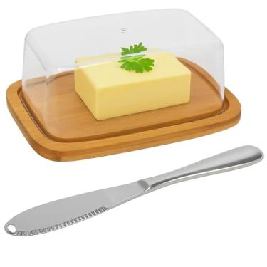 Imagem de Porta Manteiga Manteigueira de Bambu Com Tampa De Acrílico Premium E Espátula Faca Inox Conjunto para Servir Manteiga na Mesa