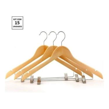 Imagem de Kit 15X Cabides De Madeira Com Presilha Verniz Marfim Roupa