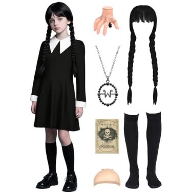 Imagem de Hitormoon 7 peças fantasia de Halloween infantil vestido preto manga longa com colar de peruca meia coisa mão grampo de cabelo touca peruca, Preto, 5-6 Anos