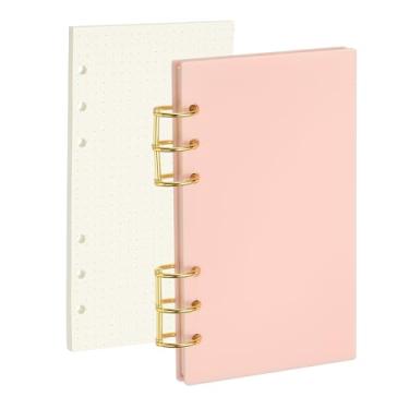 Imagem de PATIKIL Capa para caderno com 6 anéis, fichário acrílico A6, 2 anéis redondos de metal dourado com 90 folhas, papéis internos de pontos para planejador de viagens, escritório, orçamento, rosa claro