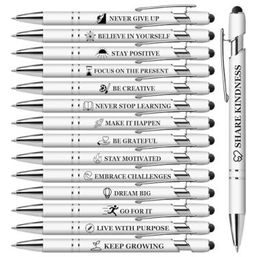Imagem de Vebermo Conjunto de 15 canetas motivacionais – canetas esferográficas retráteis com citações inspiradoras para material escolar de escritório, presentes de incentivo para mulheres e homens, branca