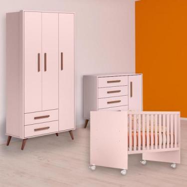 Imagem de Berço Reto, Cômoda Sapateira Retrô e Guarda Roupa Retrô Rosa - Qmovi