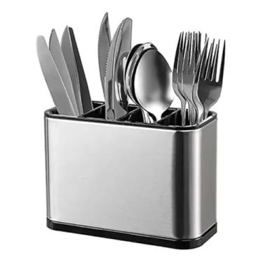 Imagem de Escorredor Porta Talheres de Inox com 4 Divisórias Organizador de Utensílios Compacto Com Drenagem De Água Aço Inoxidável Premium