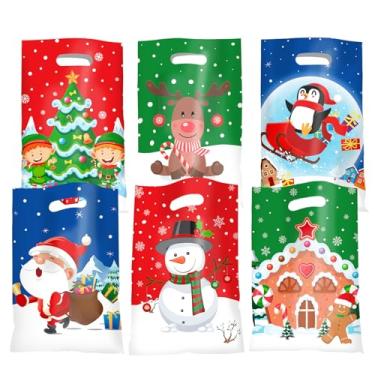 Imagem de Jocomoni 50 peças de sacolas de presente de Natal, sacolas de plástico para doces com alça para presente para lembrancinhas de festa de Natal