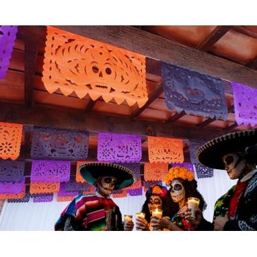 Imagem de Dia de Muertos Papel Picado em cores de Halloween (tamanho médio), Decoração Dia dos Mortos, Decoração Ofrenda para Dia de Los Muertos Preto, Laranja e Roxo