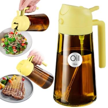 Imagem de YARRAMATE Pulverizador de óleo com bloqueio de luz de 470 ml para cozinhar com adesivos, frasco dispensador de azeite de oliva 2 em 1 de grau alimentício para cozinha, garrafa de óleo de vidro âmbar