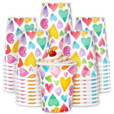 Imagem de JarThenaAMCS 50 peças de copos de papel de dia dos namorados descartáveis 255 g estilo aquarela colorido impressão de coração chocolate quente cacau xícaras de chá para casamento aniversário bebidas