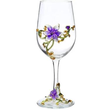 Imagem de Simcat Taças de vinho esmaltadas pintadas à mão com flores transparentes, haste para cabernet, presentes (caixa de presente única roxa, 1 caixa de presente)
